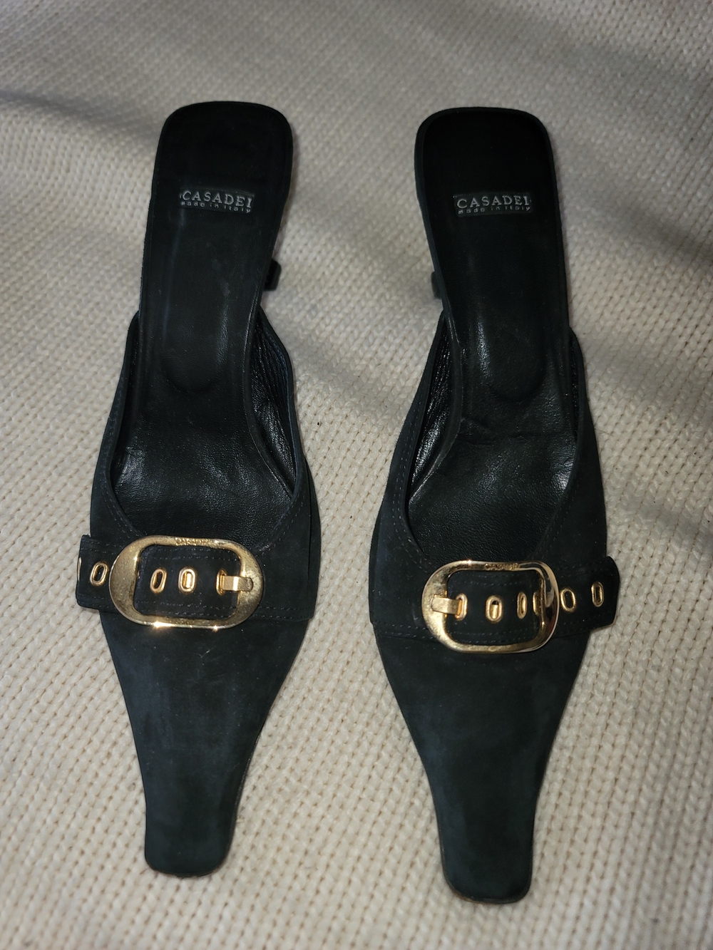 Casadei Black Suede Mules with Gold Buckle Detail